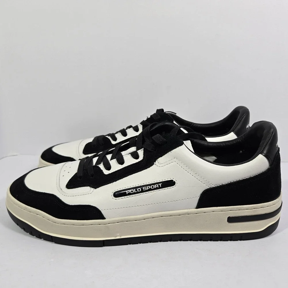 Mens 15 Polo Ralph Lauren Polo Sport PS 300 Off White Black Leather Shoe Sneaker